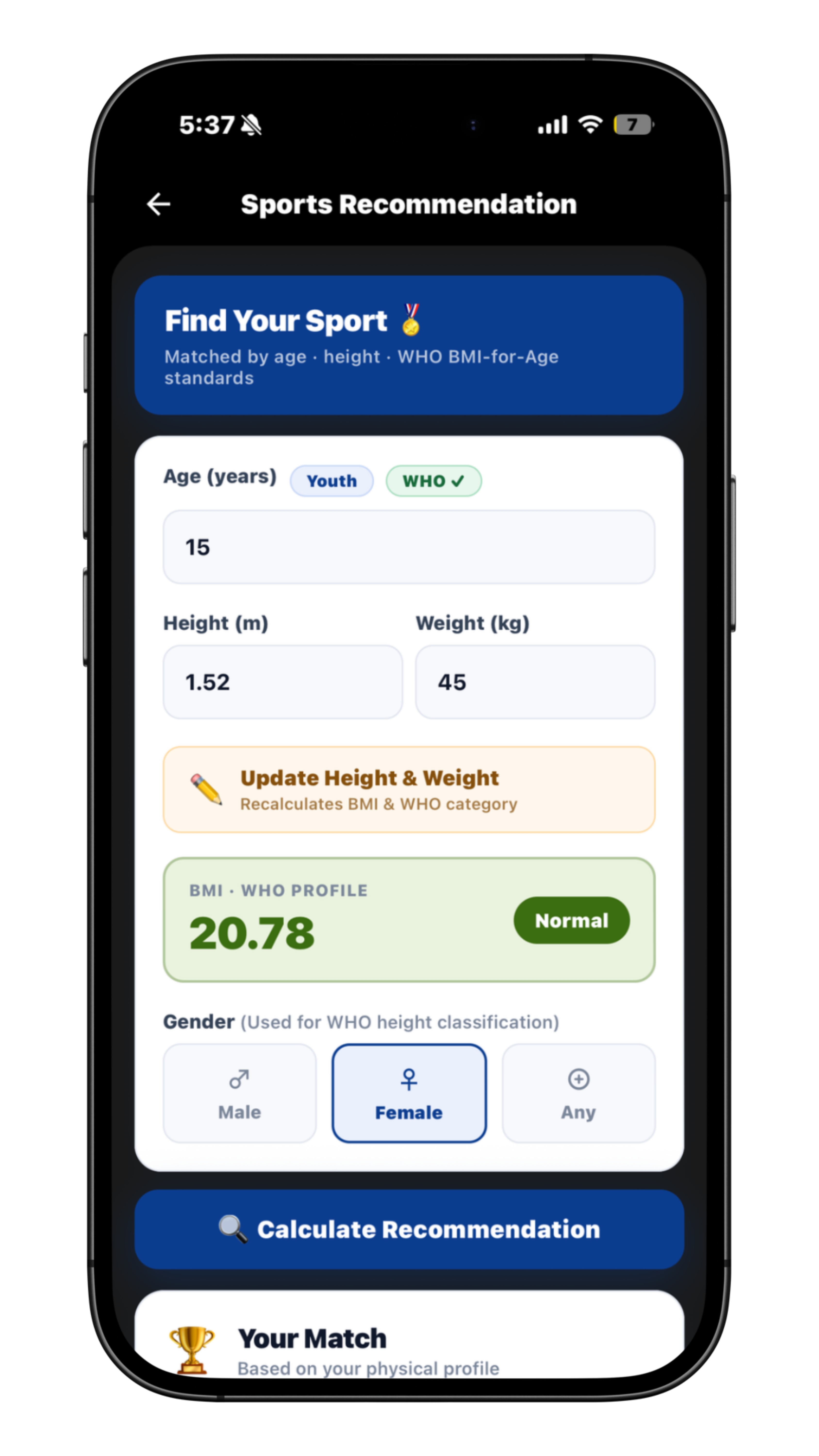 Sport Recommendation Mobile View