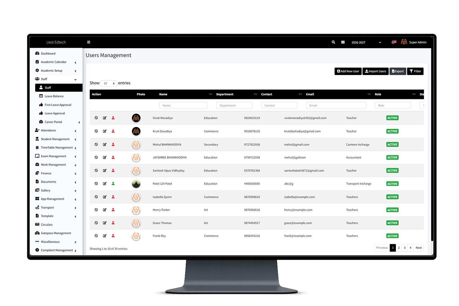 Staff Management Dashboard Interface